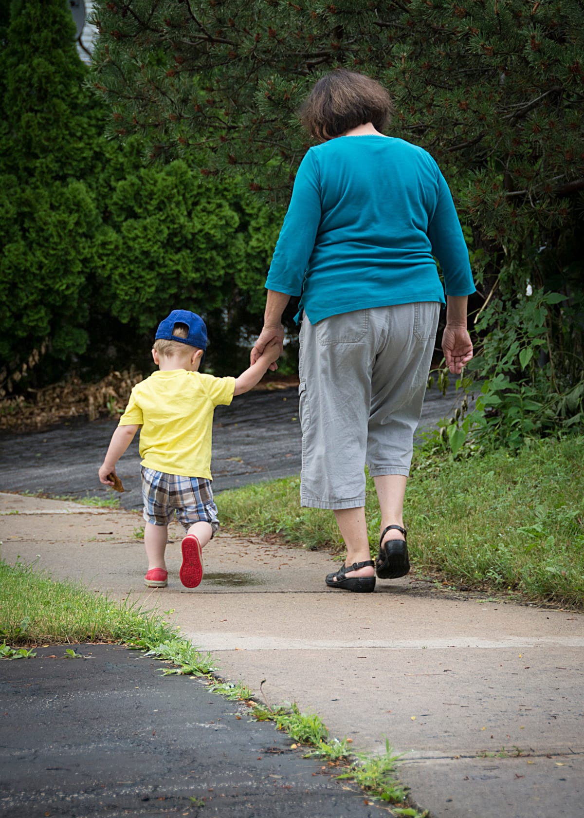 Family portrait of a grandmother and kid holding hands